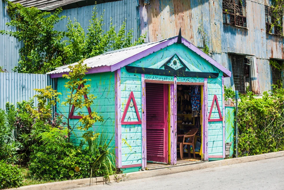 bright blue building next to road