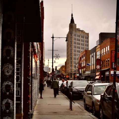 dusk on a a city street 