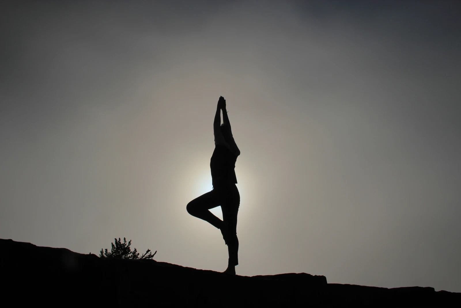 Person standing in tree yoga pose in front of the sun