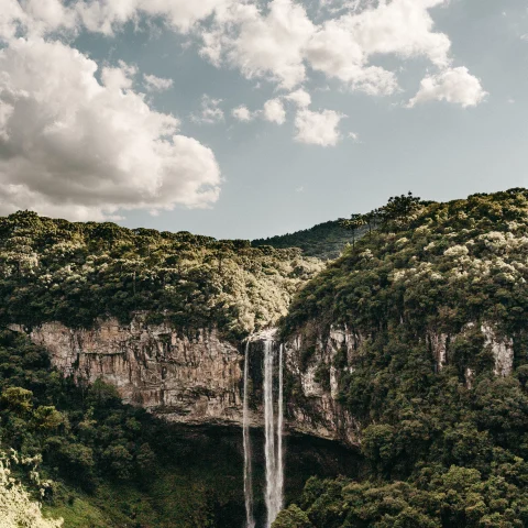 A waterfall in Brazil flowing off a large rocky mountain with lush green forest.