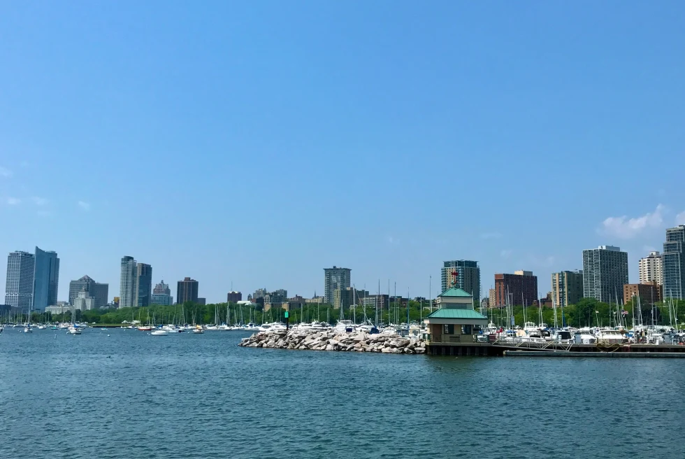 Milwaukee beachfront and skyline. 