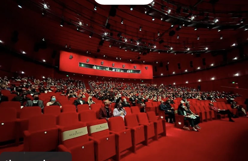 room filled with red seats and red carpet