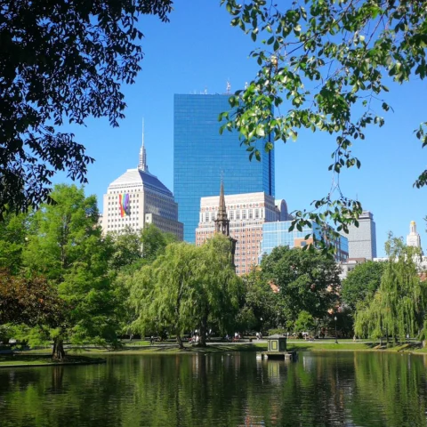 city view across from a scenic lake