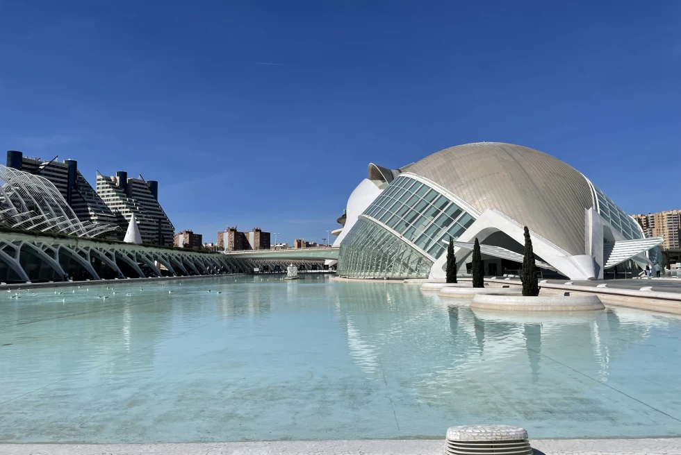 The City of Arts glass building and pool in Valencia. 