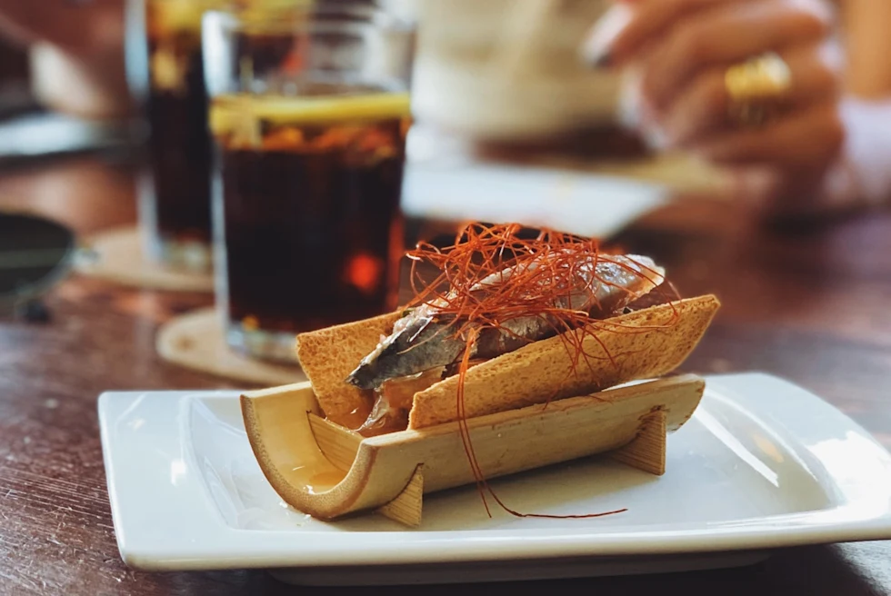 Seafood tapa on plate from bar in Barcelona.