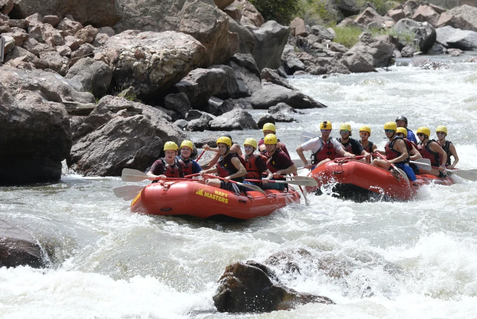 White-water rafting on red boats in Vail. 