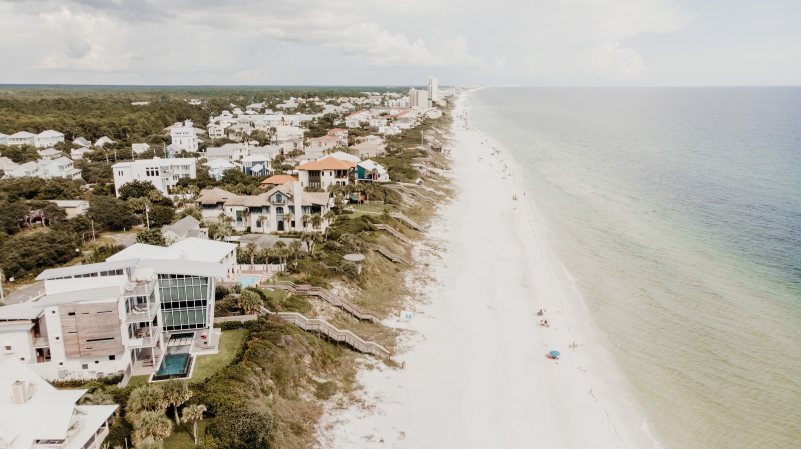 Aerial view of houses, sand and water in 30A florida
