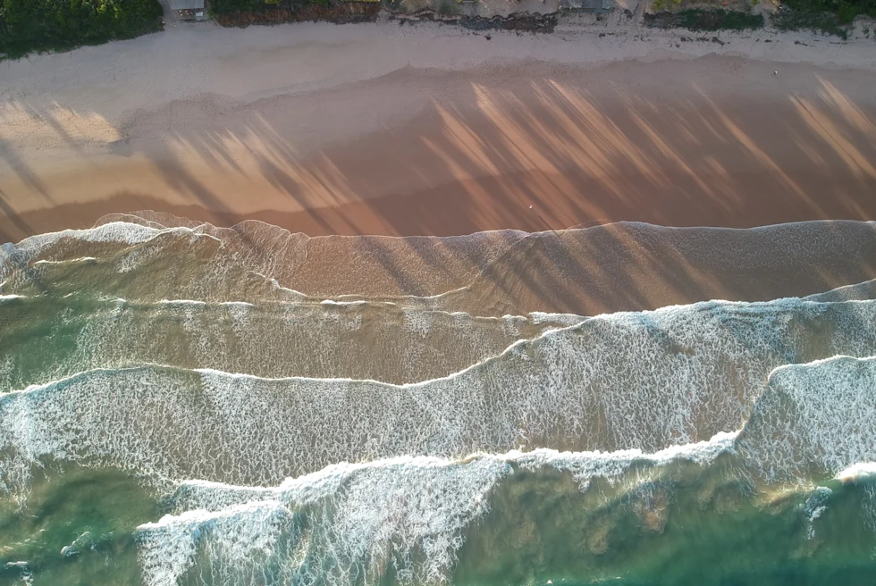 Aerial view of the sand and ocean during daytime