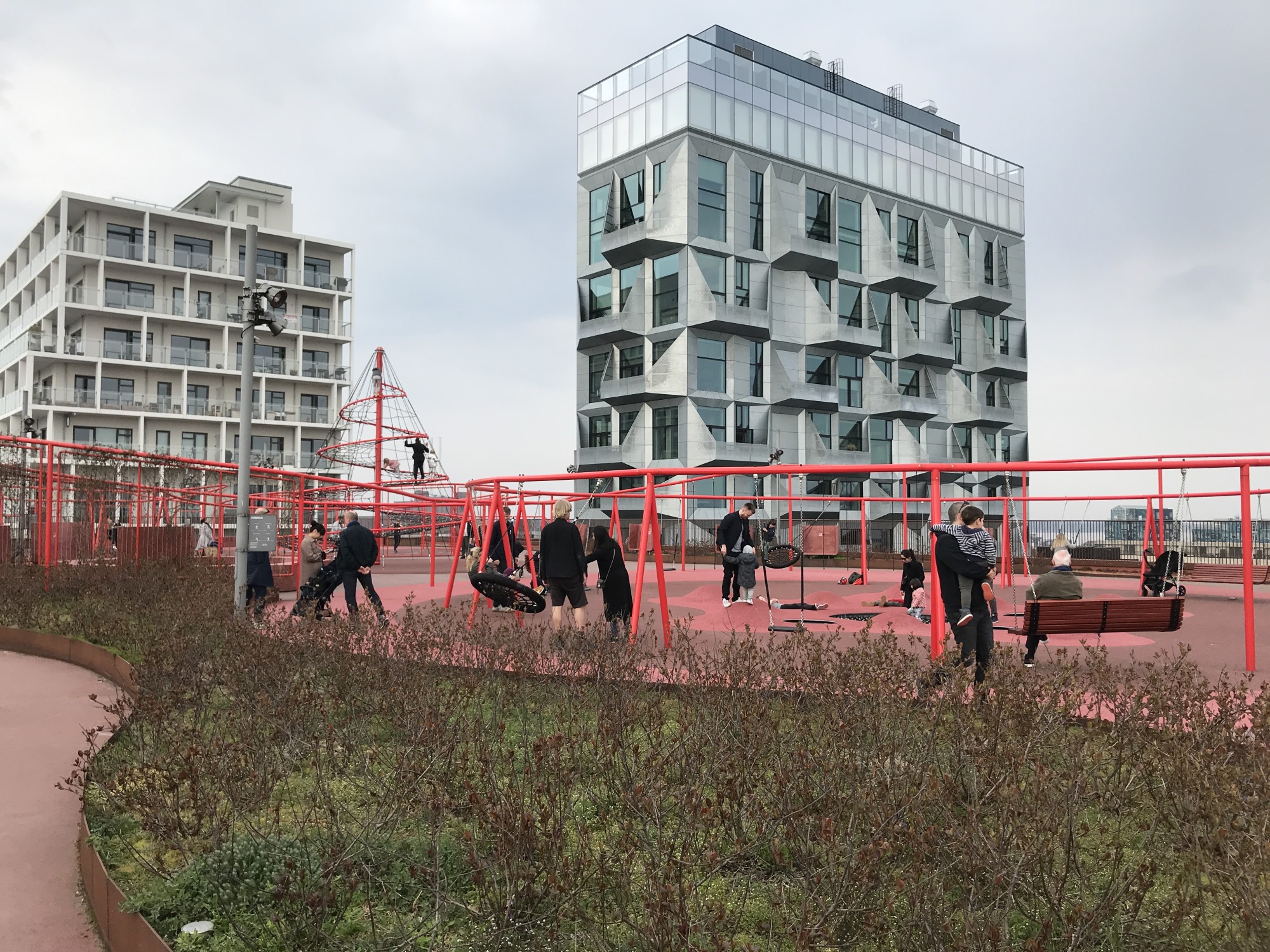 modern museum with red architectural sculptures
