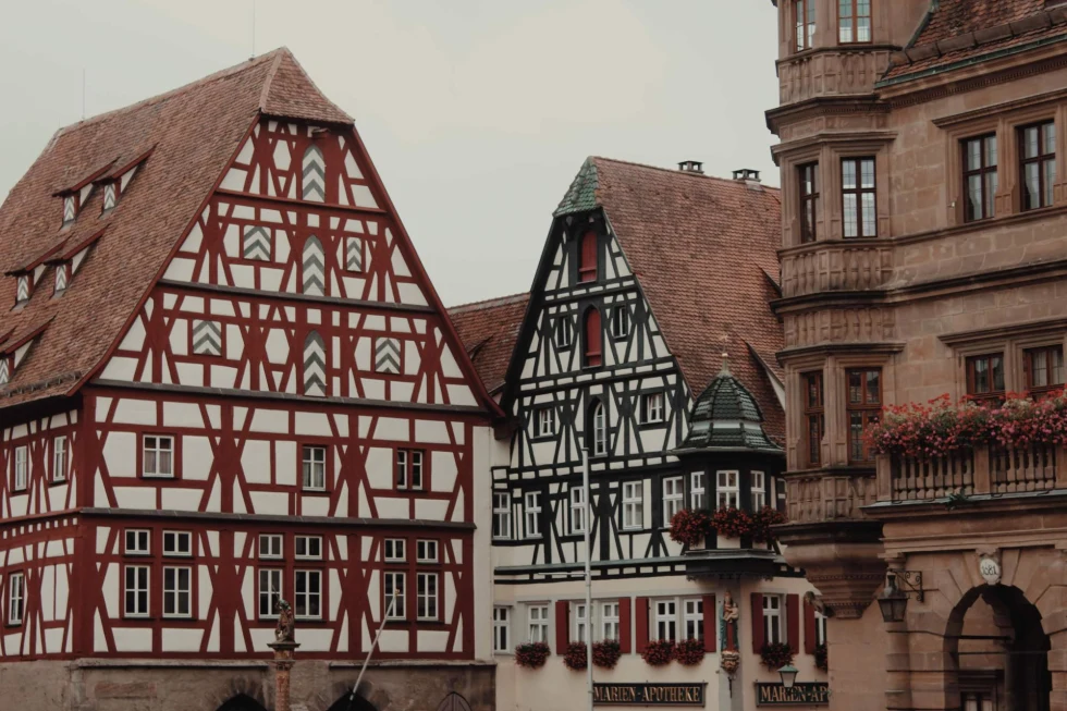 Traditional village buildings in Rothenburg, Germany on a gloomy day.