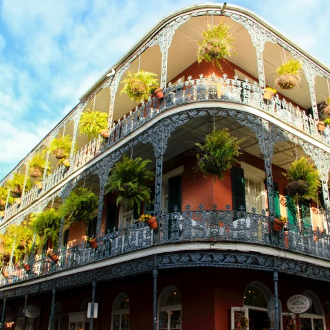 The Whitney Hotel building in New Orleans – a three-story building with ornate balconies and hanging plants
