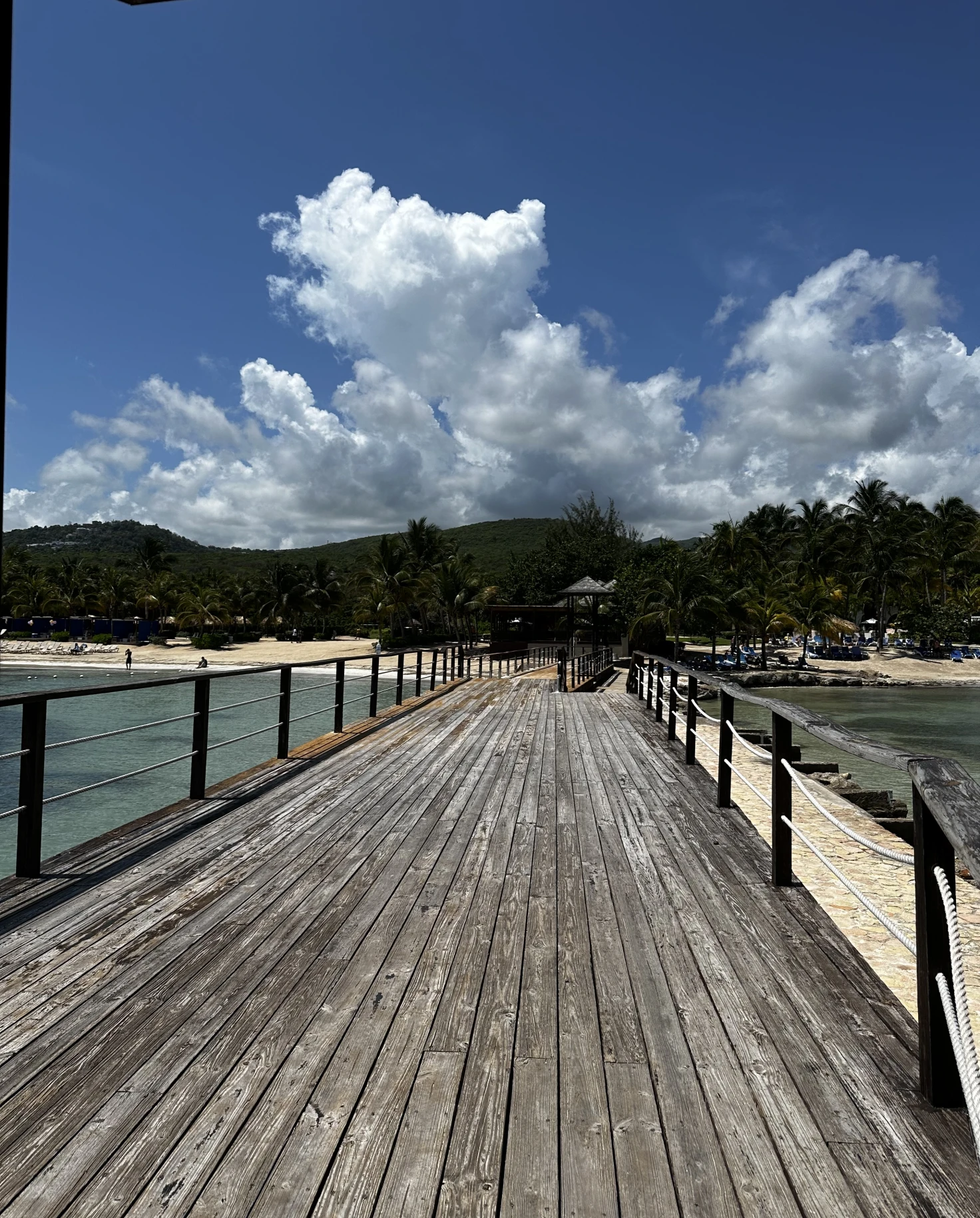 A picture of a boardwalk on water in Jamaica. 