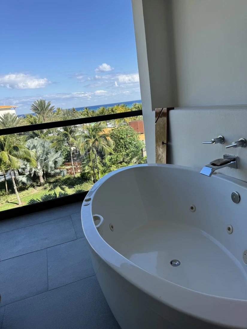 A white bathtub next to a window overlooking a view of palm trees, the ocean and a clear blue sky. 