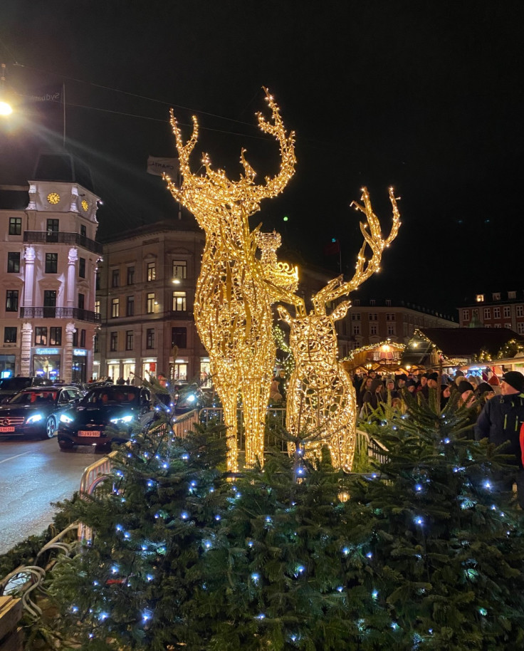 Cafe decorated with string lights for Christmas at night in Copenhagen.