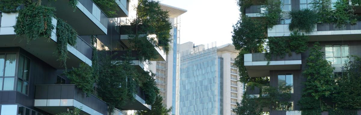 Modern sustainable building with vertical garden in Milan, Italy.