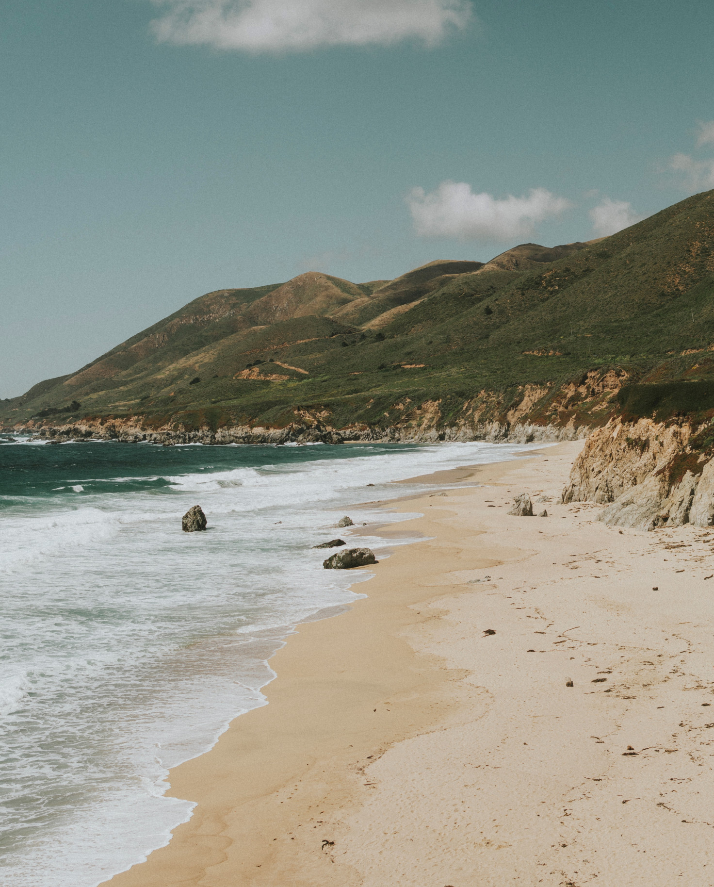 green hill next to sandy beach and ocean during daytime