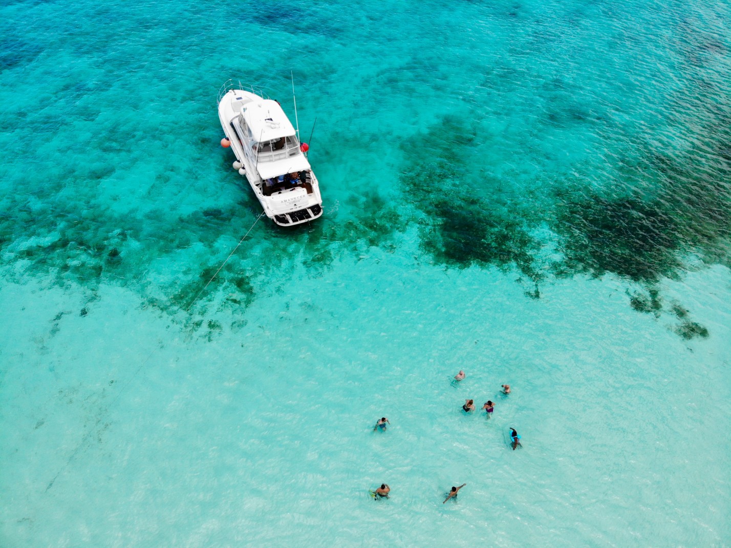 aerial view of turquoise water with people swimming
