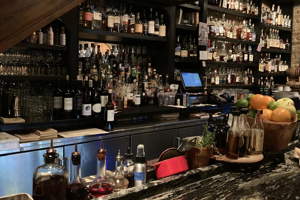 bar view vines, fruit on table