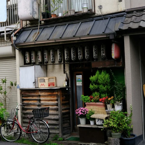 A building with Japanese architecture that showcases hanging lanterns, potted plants and a bicycle parked outside in front of it. 