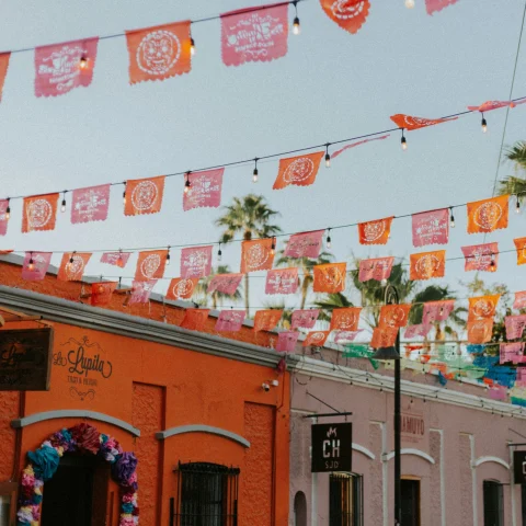 Street with orange buildings and flags.