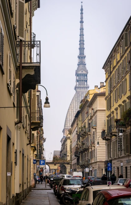 The streets of Torino, Italy with Mole antonelliana in the background