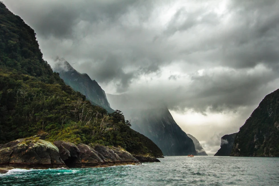 Milford Sound Mountains, Blue sea with green long cone shaped hills. 