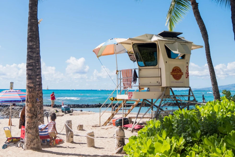 lifeguard shack on a white-sand beach