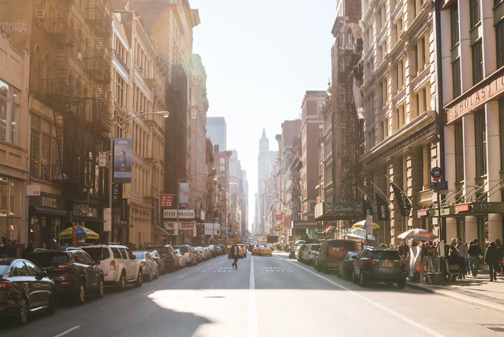 hazy sunny day in downtown new york city on an empty street