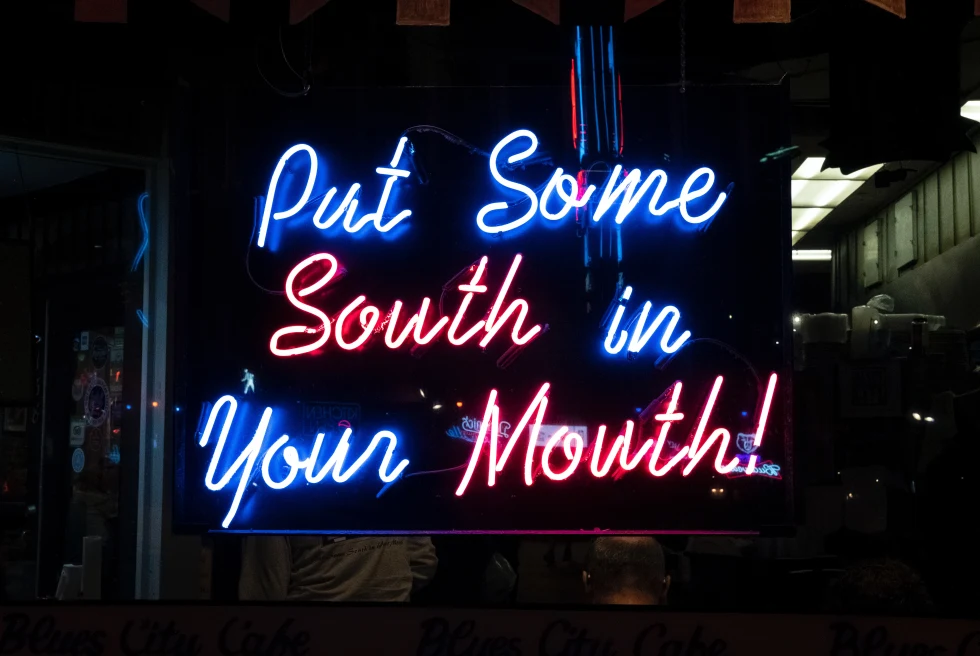 Neon street sign says "Put Some South in Your Mouth!"