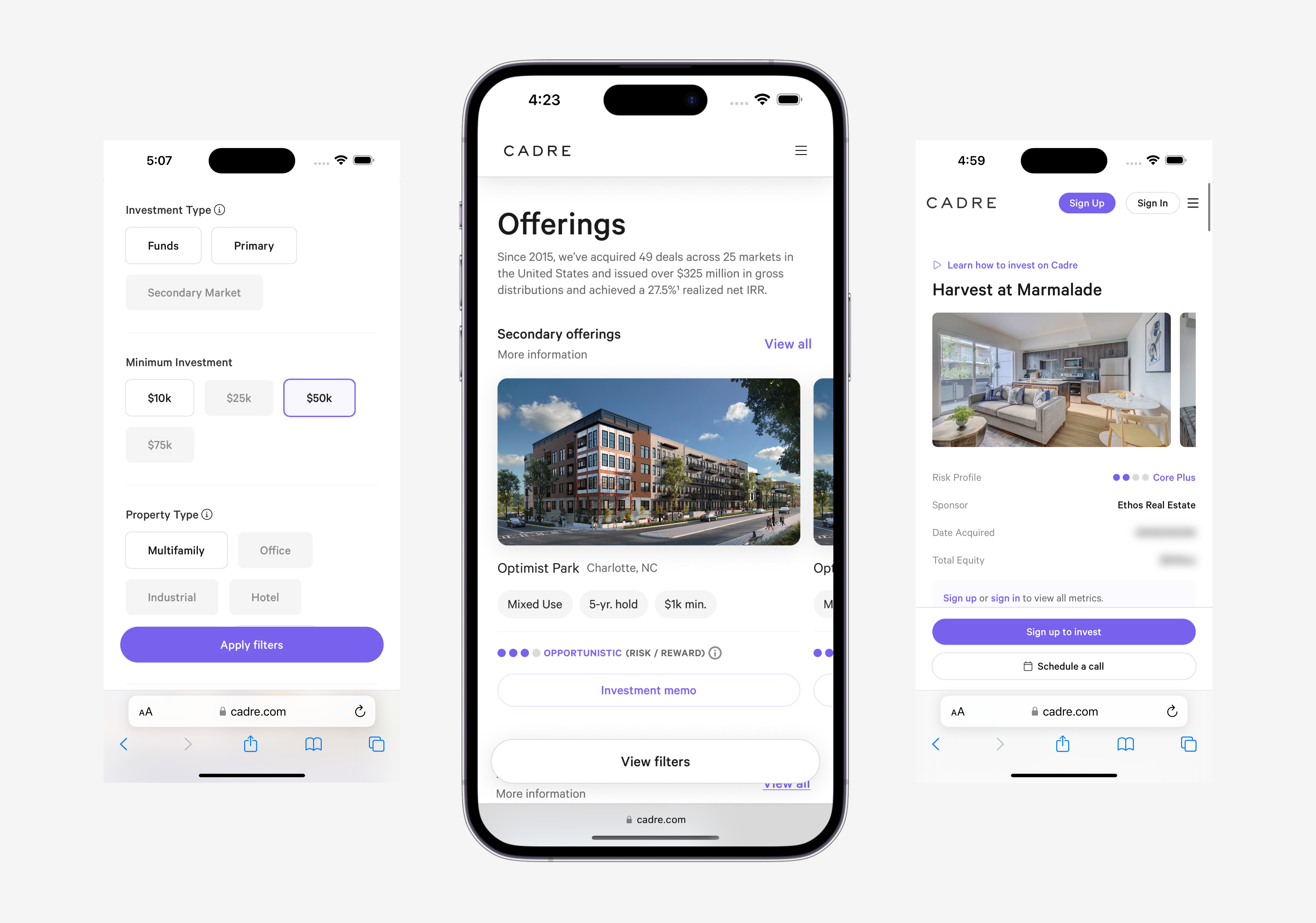 Mobile screens for Cadre.