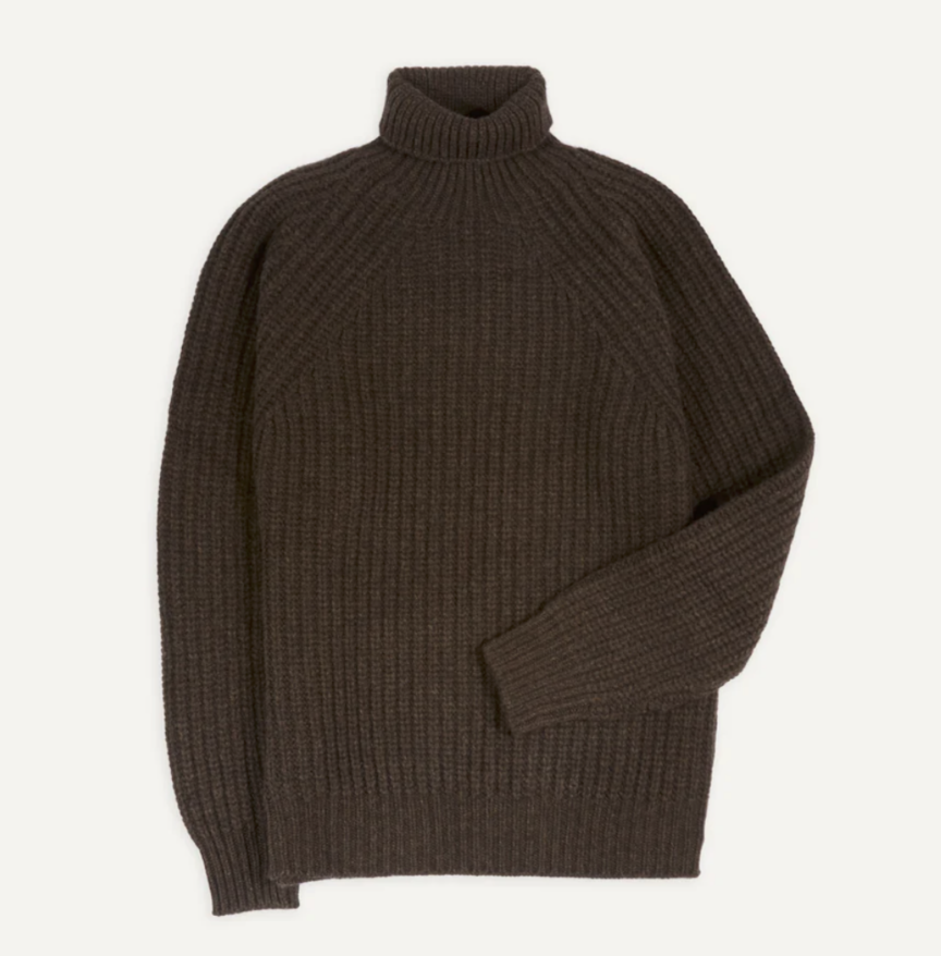 Brown lambswool heavy gauge submariner roll neck jumper from Drake's