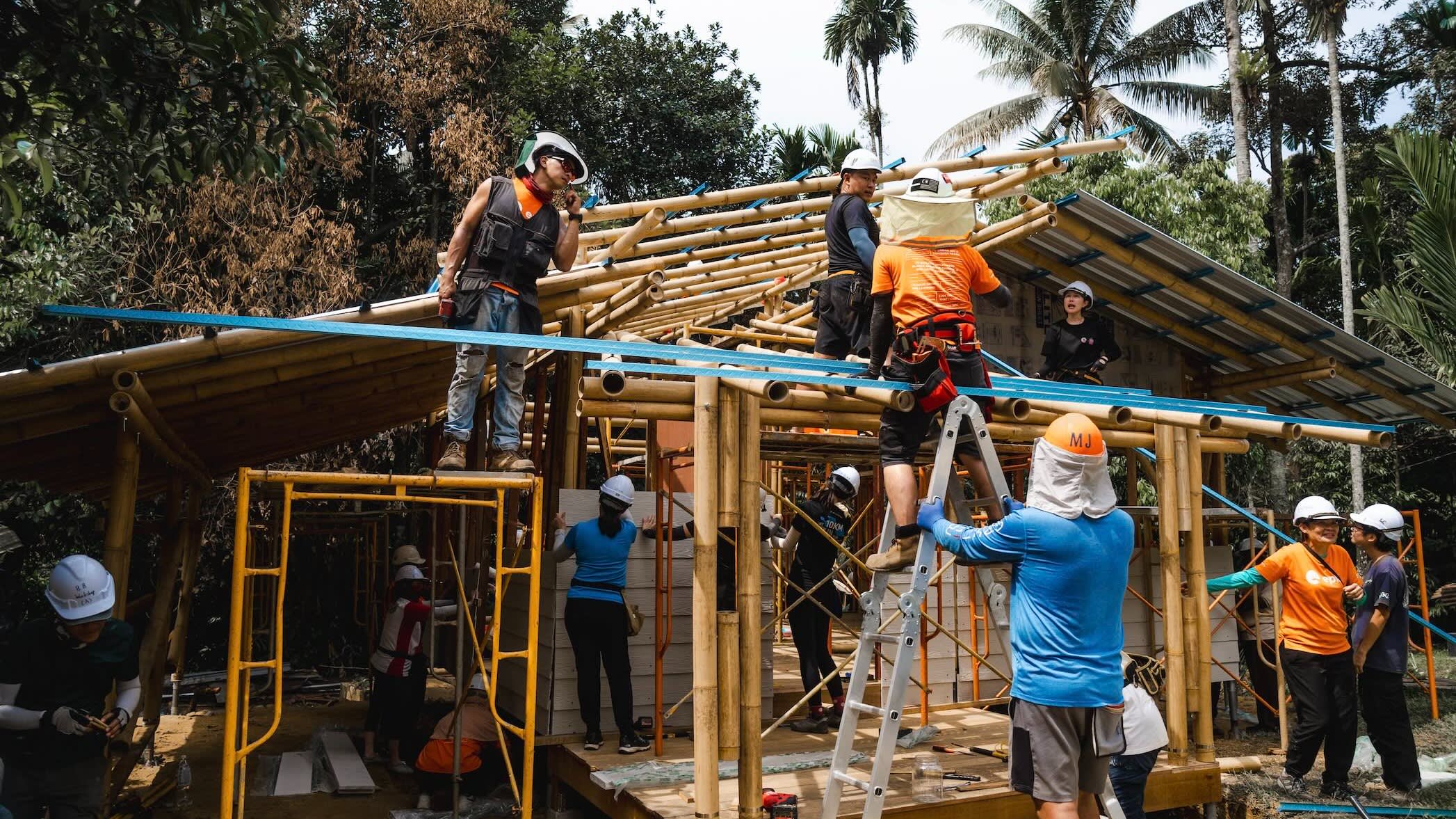 This picture shows the EPIC Bamboo Home (EBH) is a modular, rapidly deployable housing system that modernises indigenous bamboo knowledge. It enables non-experts to build durable bamboo homes in just three days, solving housing issues such as unsafe or overcrowding living conditions that 12,000 indigenous families (Orang Asli) in Peninsular Malaysia face.