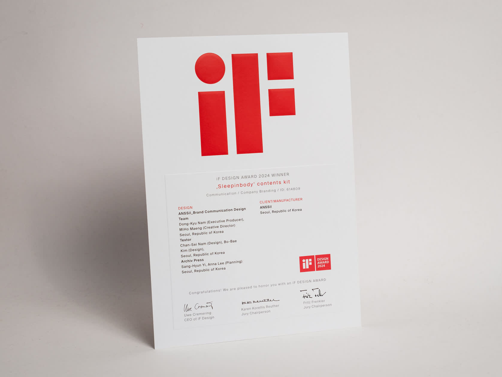 iF Design Award 2024: Printed Certificate, Paper Certificate
