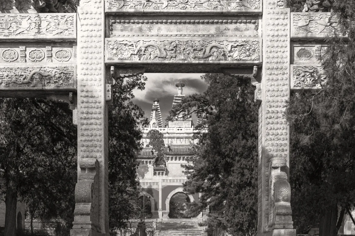 view of gate to temple complex, fragrant hill, xiangshan