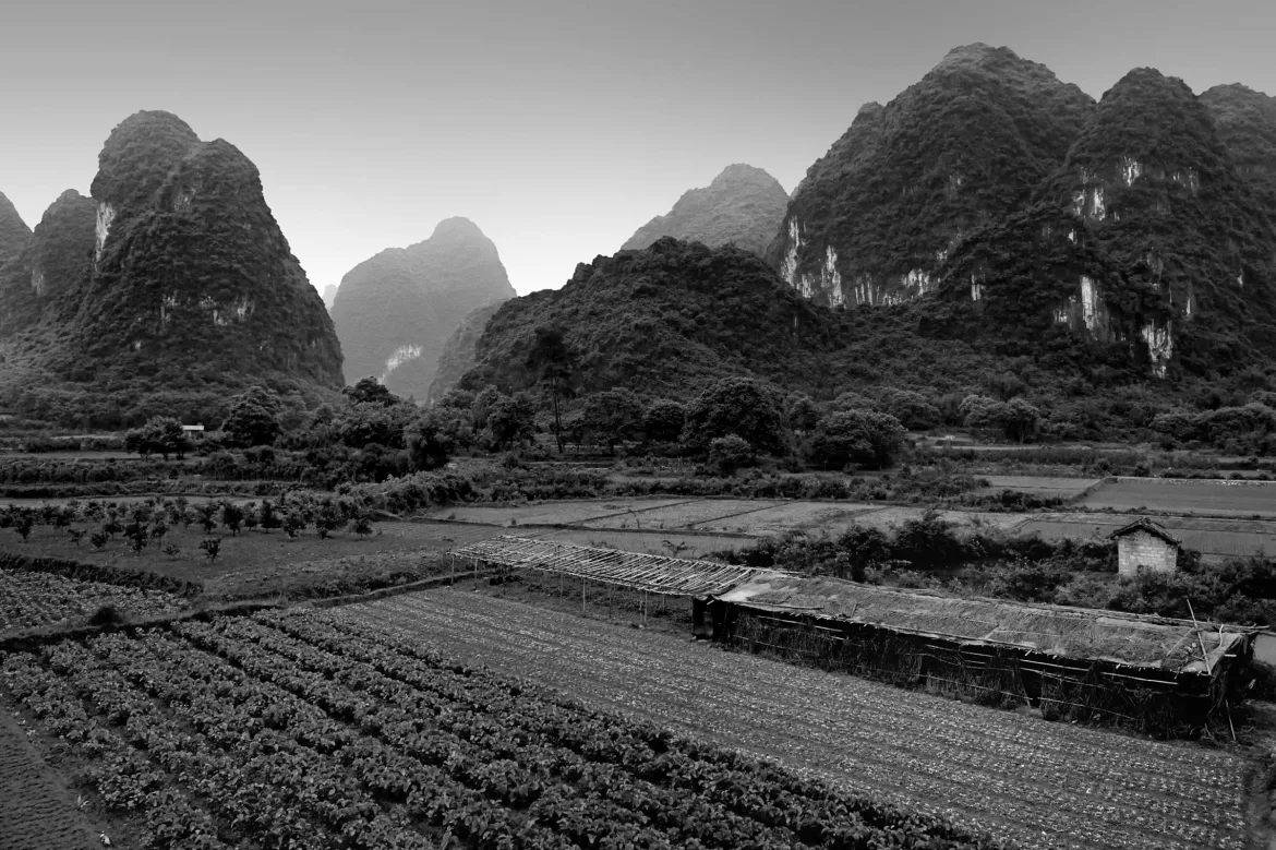 view of farmers fields and mountains