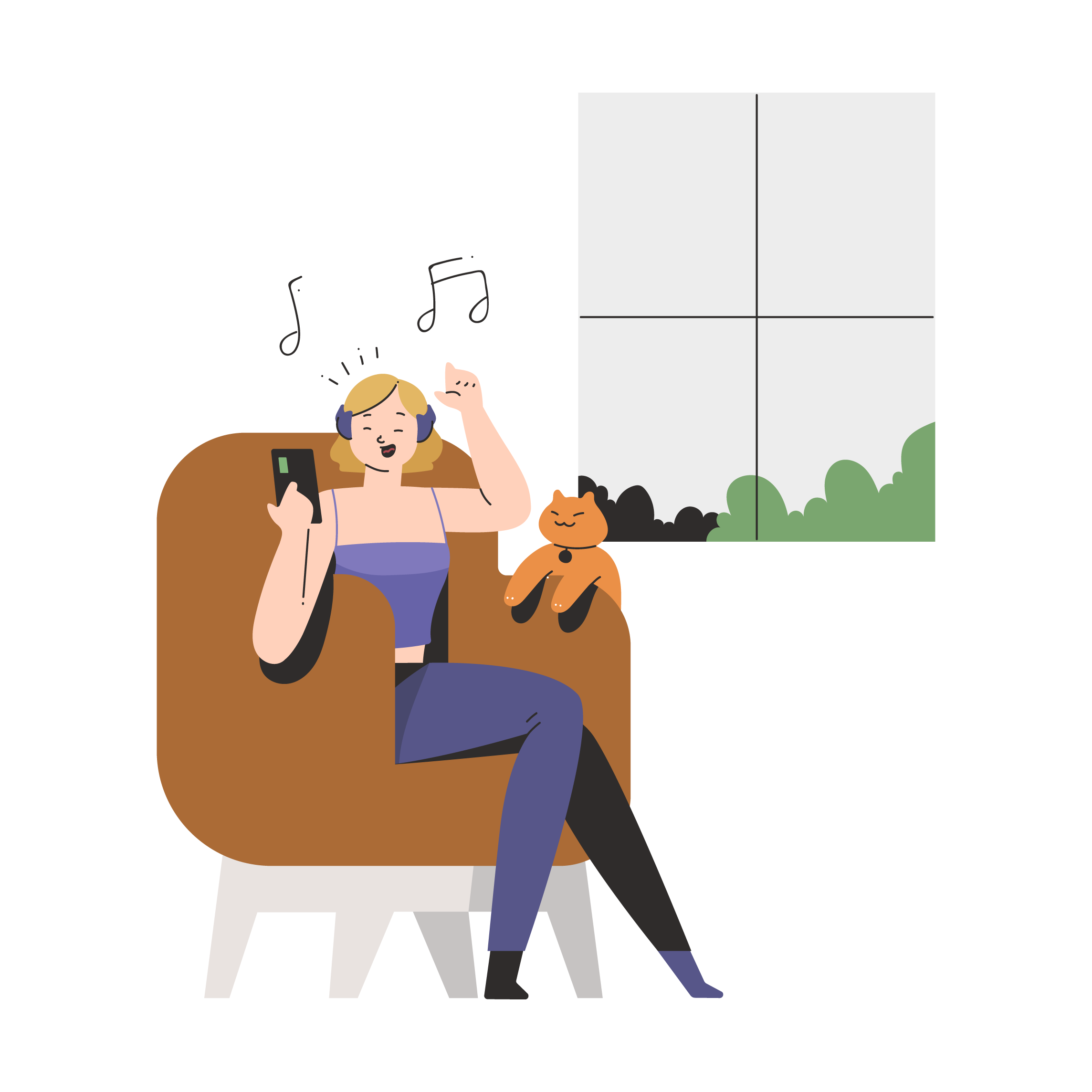 leisure music, listen, entertainment, home, chair, cat, pet animal, person, character, people@2x