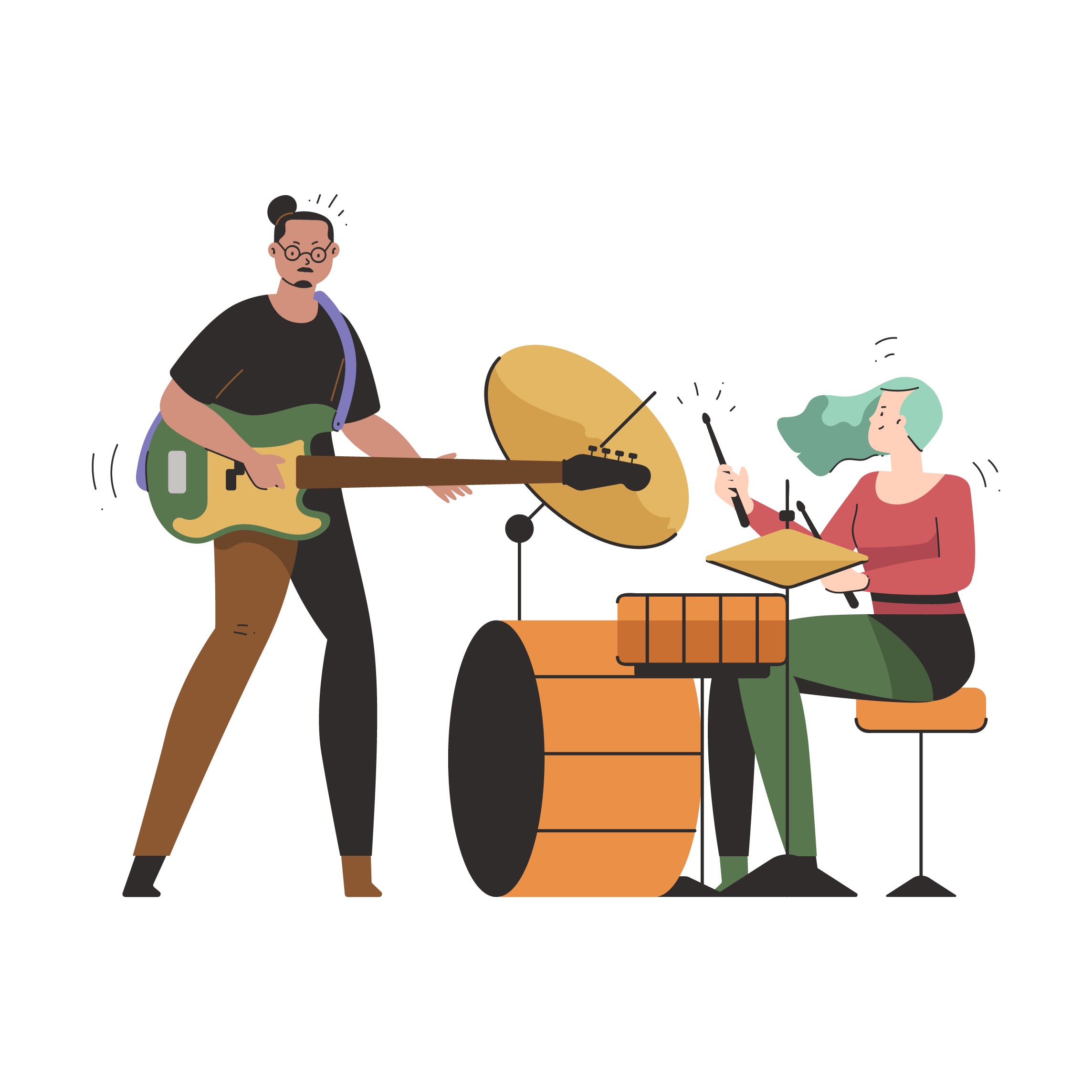 music gig, show, drum, bass, instrument, band, man, woman, entertainment, person, character, people@2x