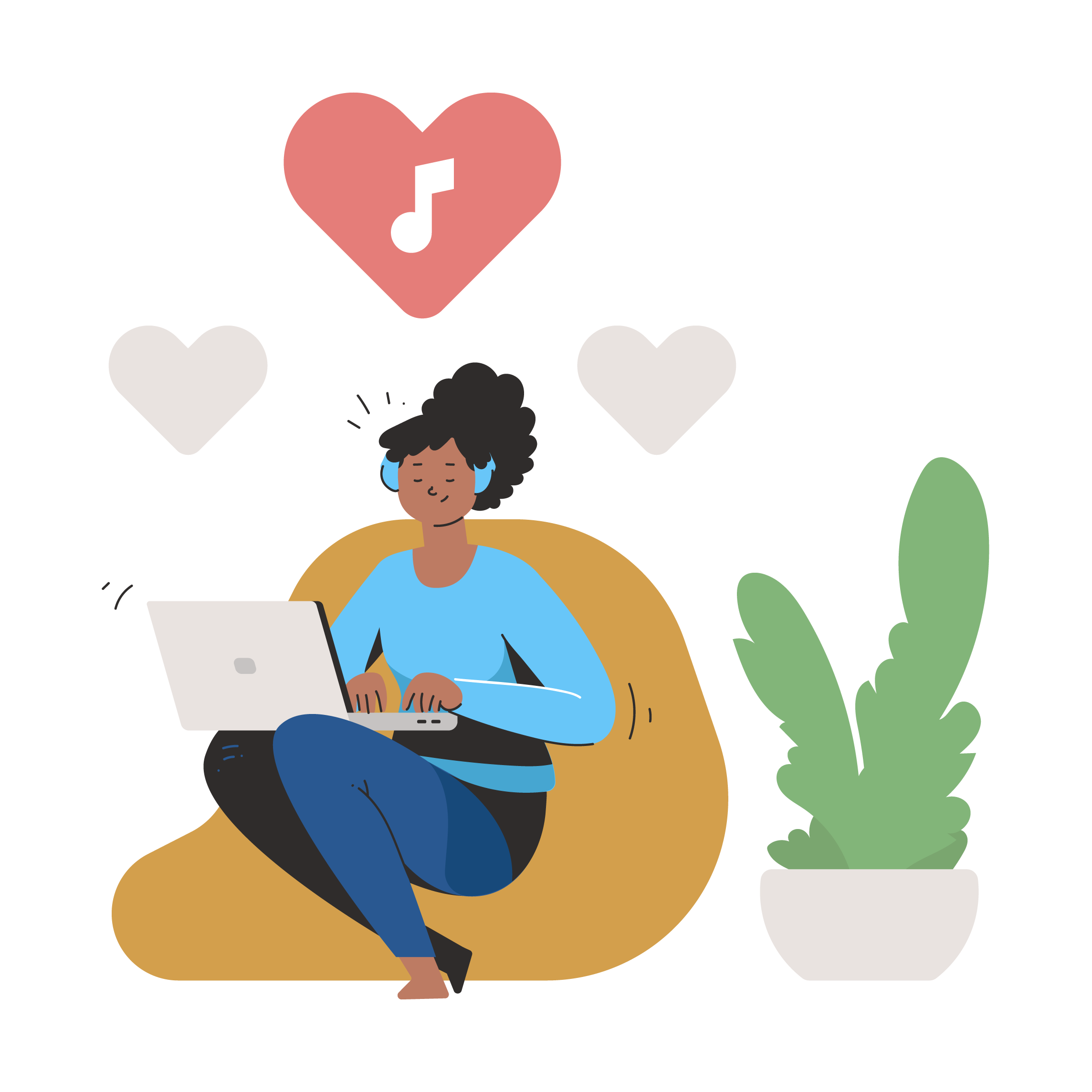 music favourite, love, music note, woman, person, character, people, laptop, home@2x