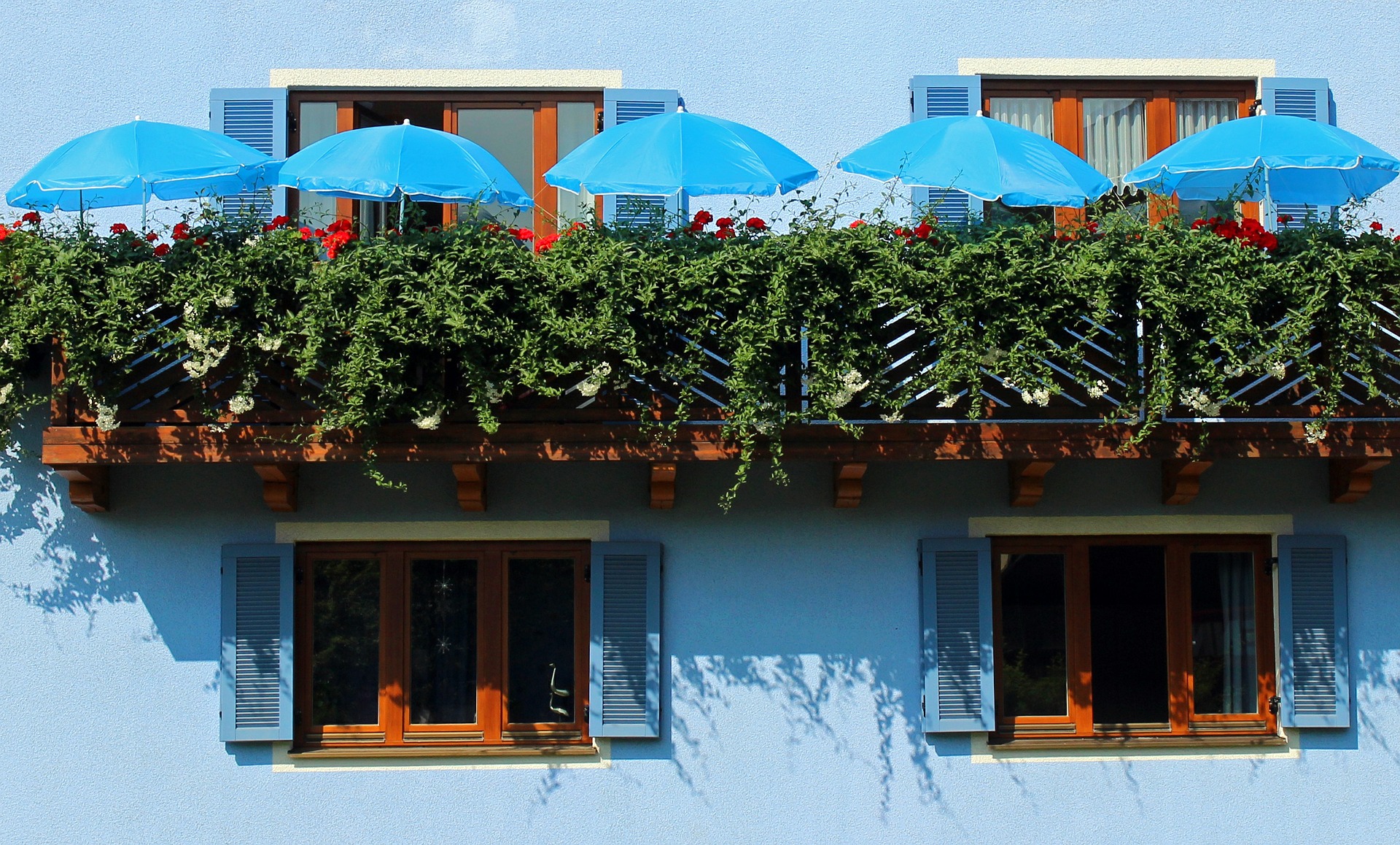 Een gevel van een blauw geschilderd vakantiehuisje