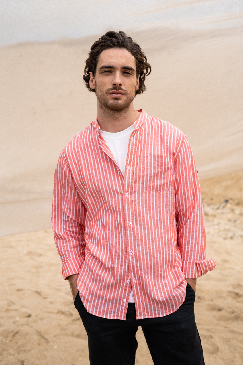 Saint James man in sanguine and white verticaly stripped shirt