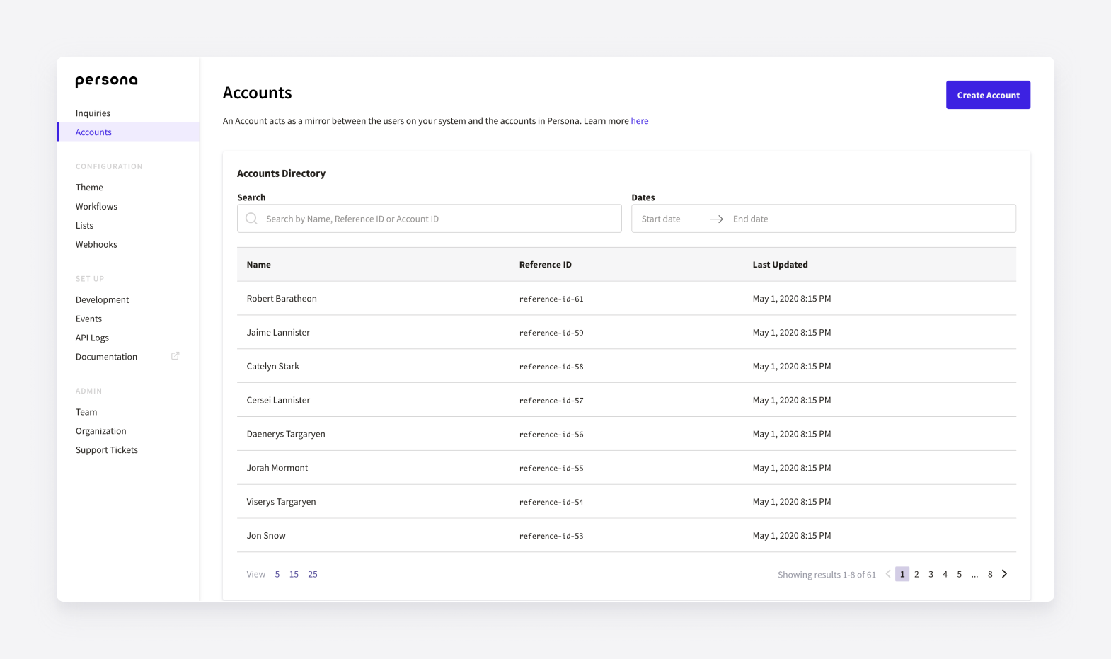 Accounts directory in the Persona dash