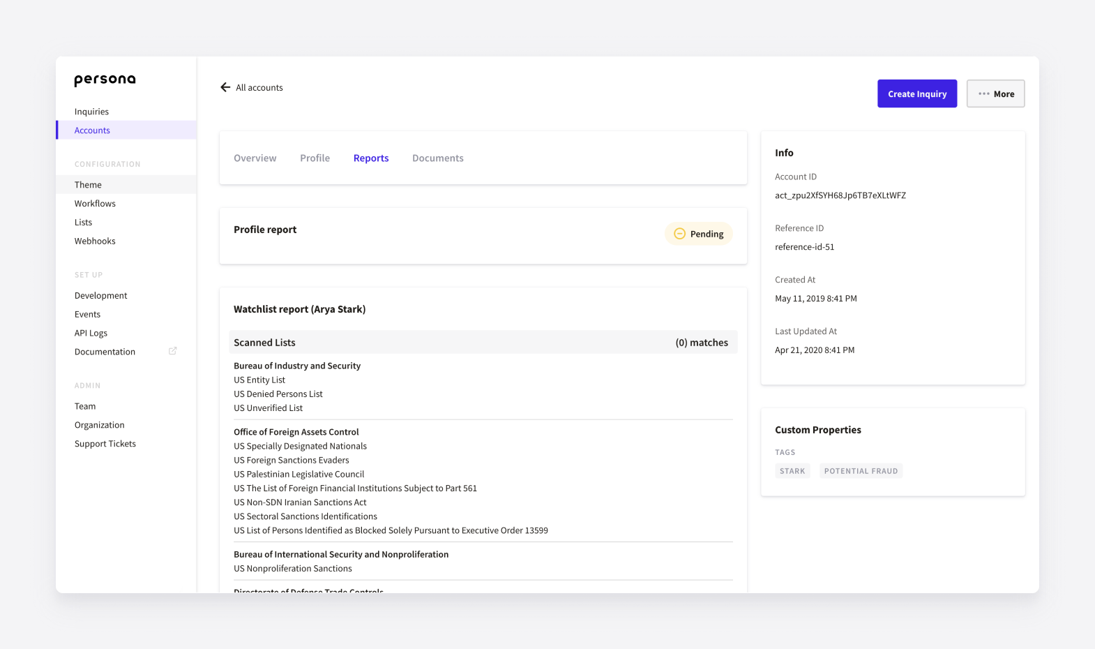 Watchlist report under Account profile in the Persona dashboard
