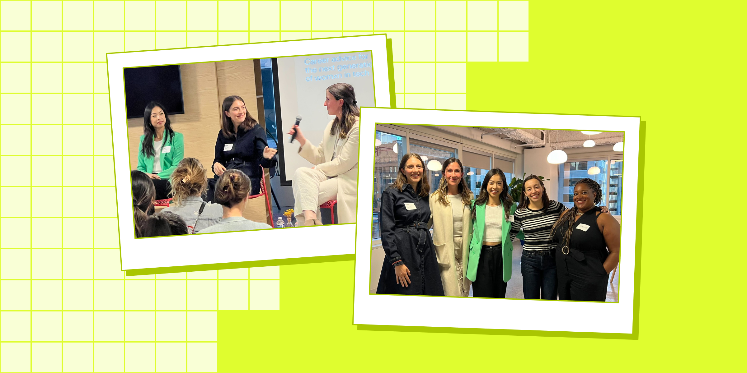 One image of three women speaking on a panel and one image of five women speakers against a chartreuse background
