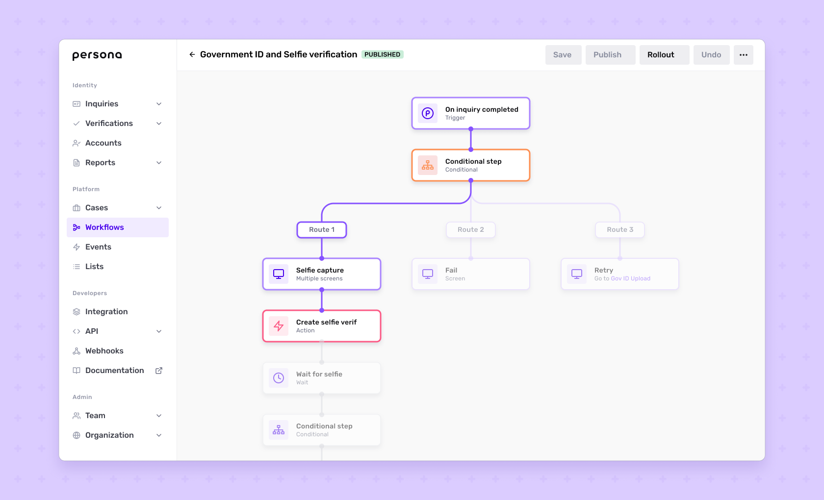 Automated Workflow showing a GovernmentID and Selfie flow