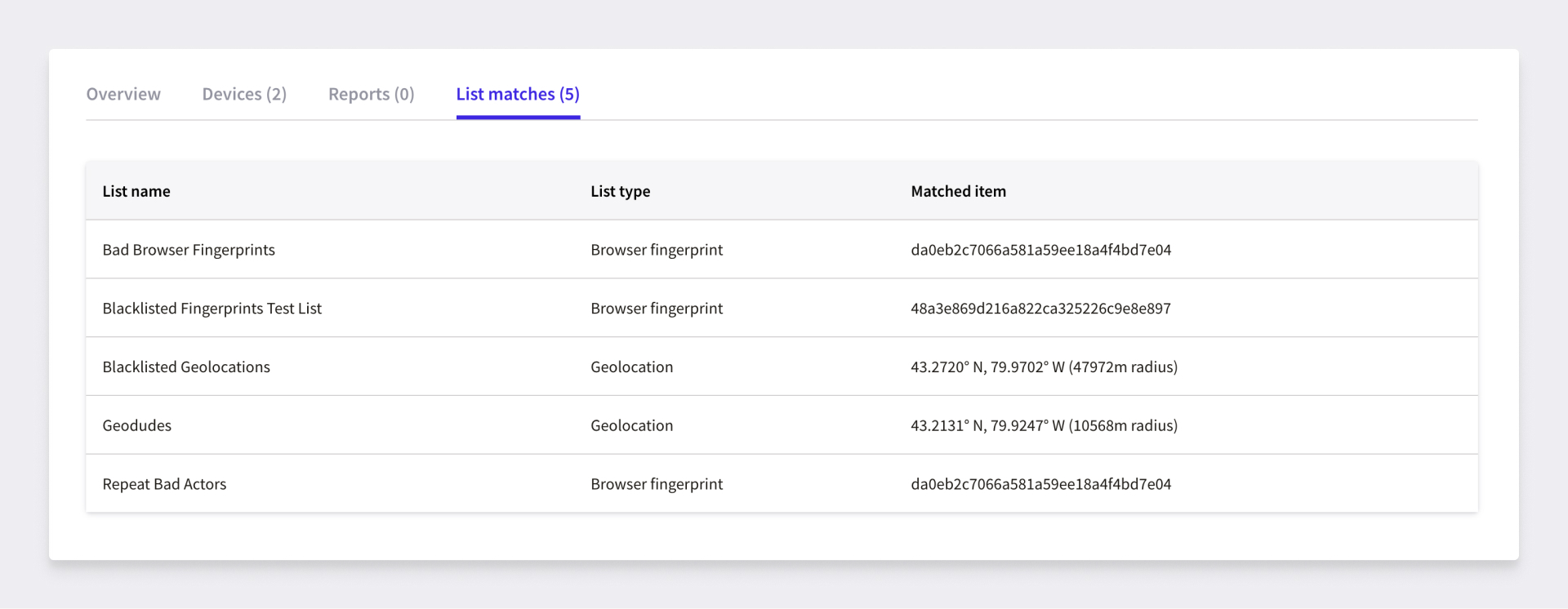 List matches in the Persona dashboard.