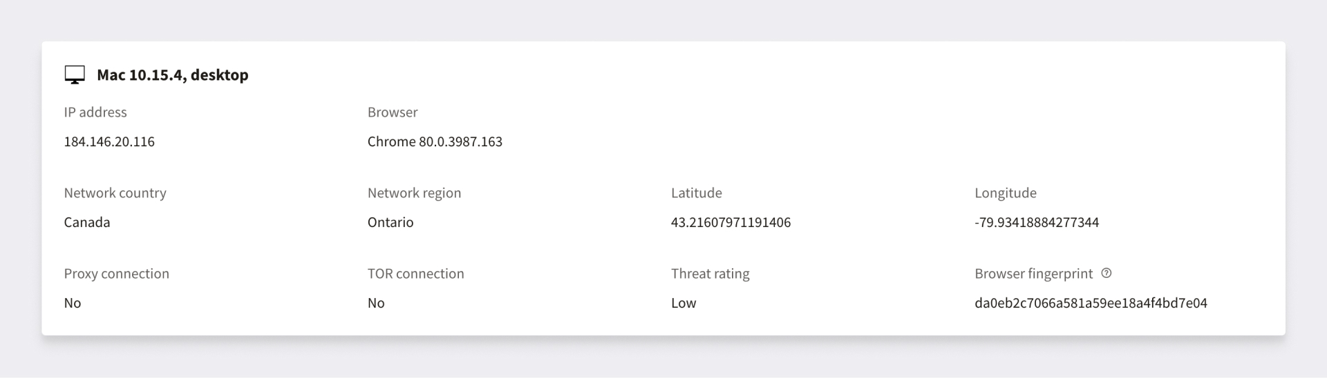 Browser fingerprint section inside inquiry details in the Persona dashboard.