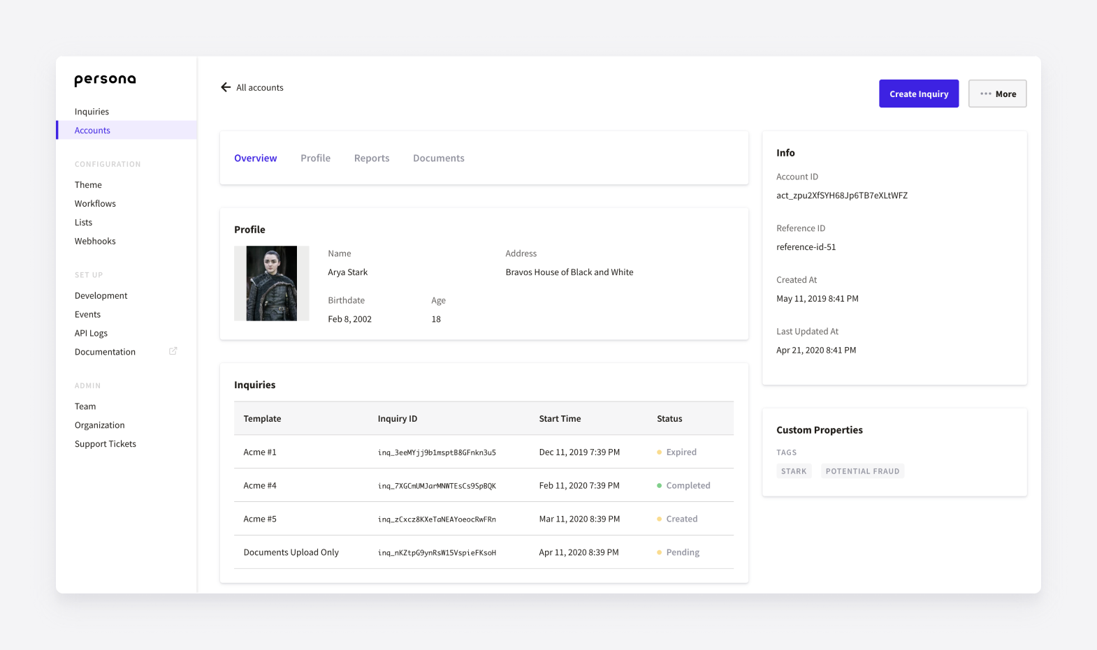 A unique Accounts profile in the Persona dashboard.