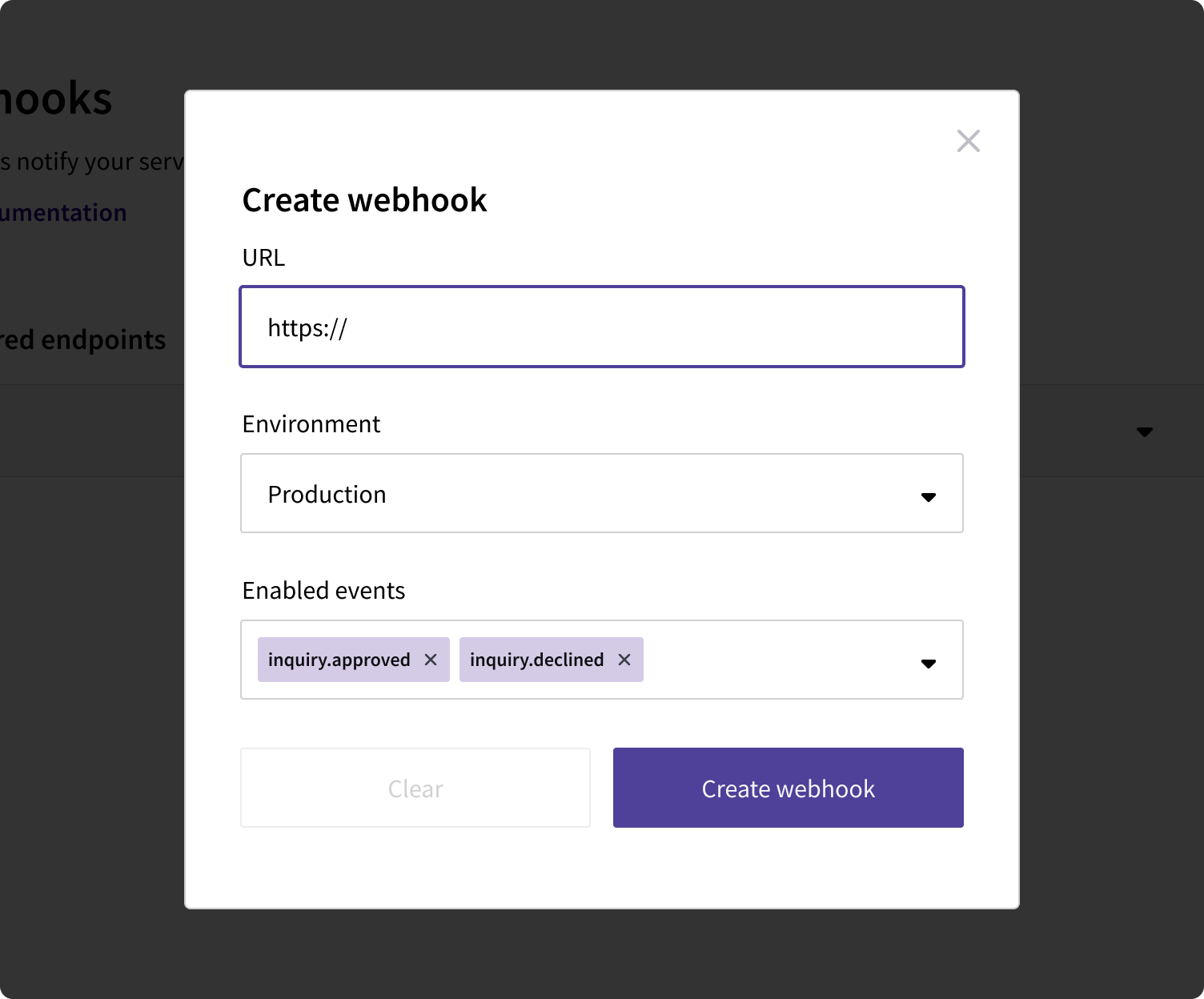 Create a webhook modal dialog in the Persona dashboard.