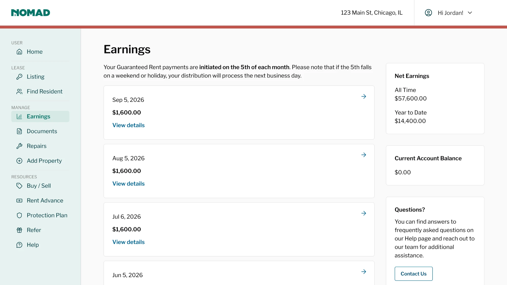 Nomad owner portal showing monthly guaranteed rent payments deposited on the same date each month.