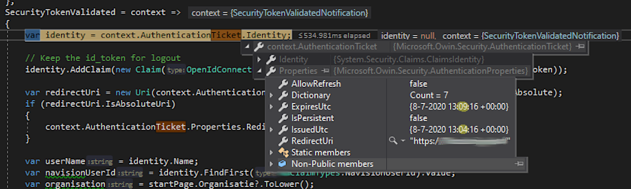 Screenshot: AuthenticationTicket.Properties.IssuedUtc / ExpiresUtc